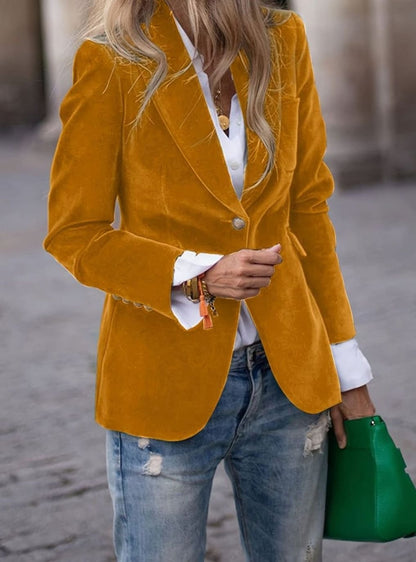Women's fitted velvet-look casual jacket with single-button front closure by Homixa, shown in a stylish, close-up view.