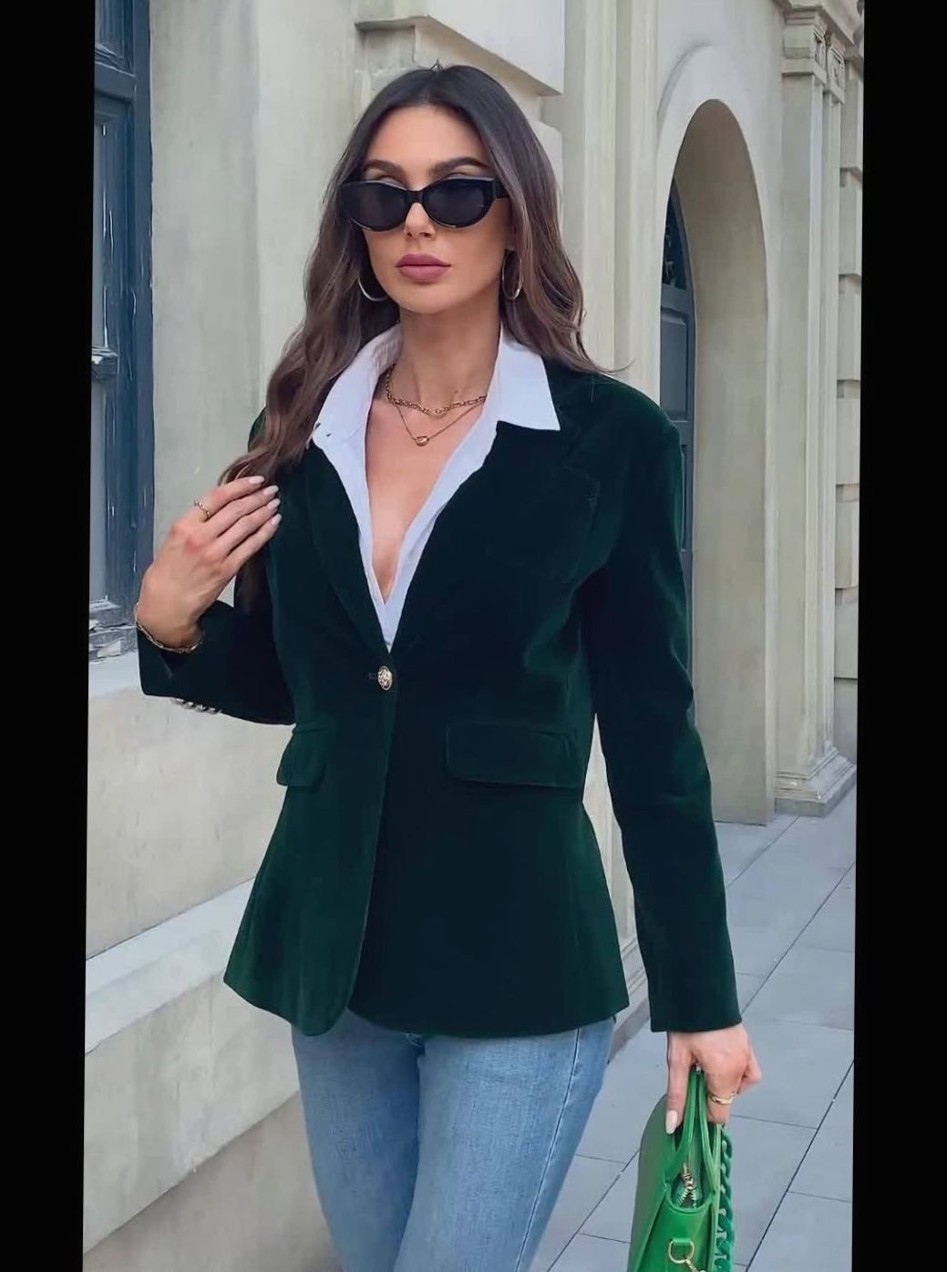 Women's fitted velvet-look casual jacket by Homixa with a single-button front closure, showcasing a stylish, tailored design.