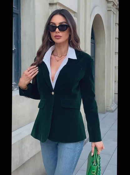 Women's fitted velvet-look casual jacket by Homixa with a single-button front closure, showcasing a stylish, tailored design.