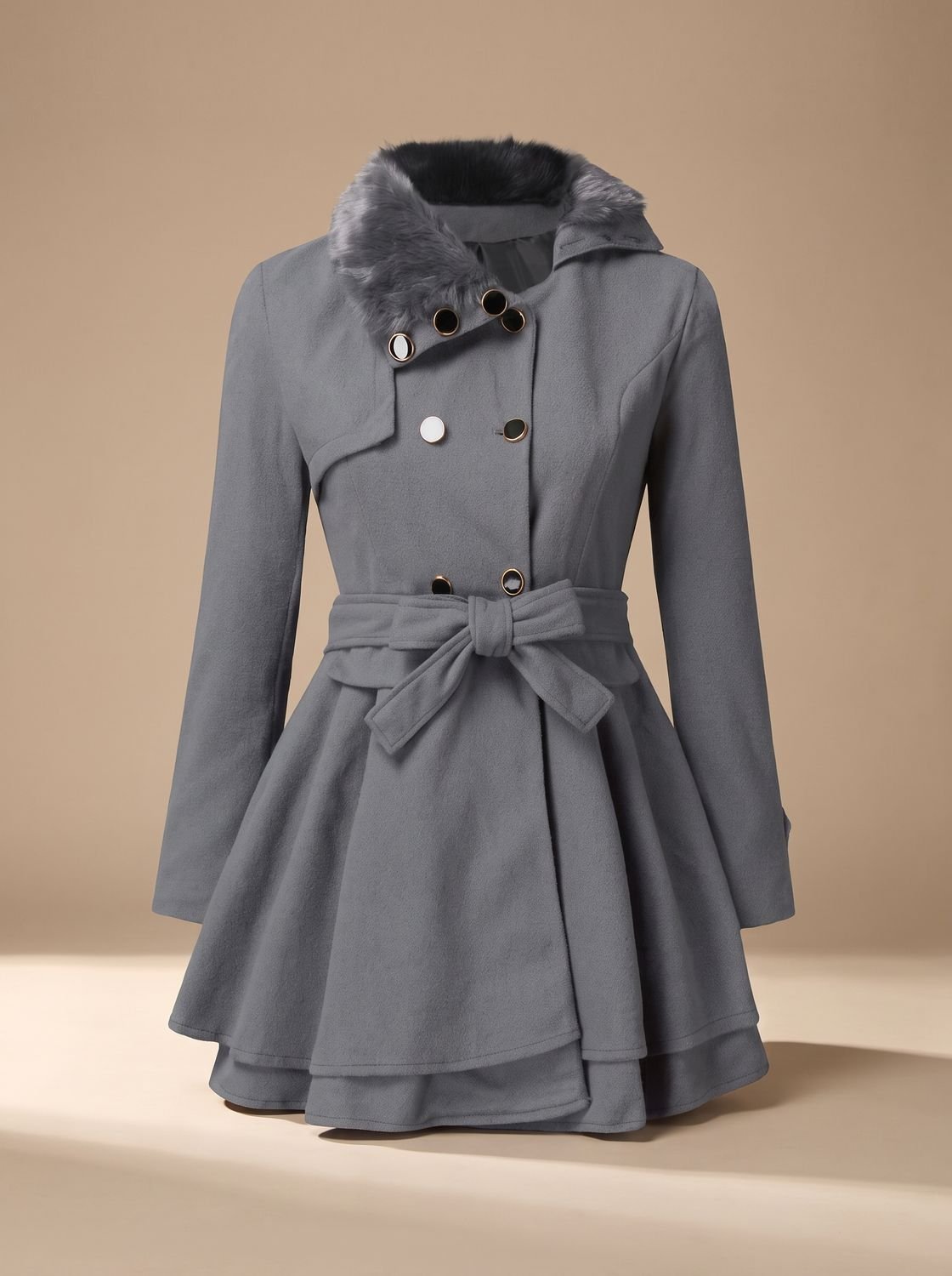 Women's vintage winter coat with faux-fur collar, belted waist, fitted style, by Homixa. Perfect for cold weather.