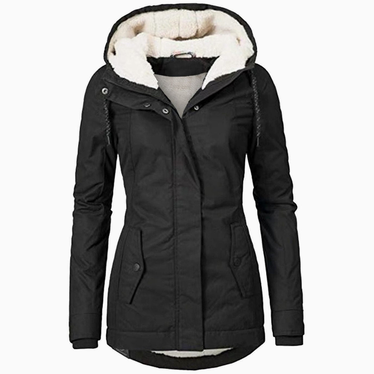Women's fleece-lined parka by Homixa featuring a drawstring hood, curved hem, and flap pockets for warm, casual style.