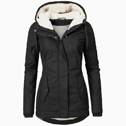 Women's fleece-lined parka by Homixa featuring a drawstring hood, curved hem, and flap pockets for warm, casual style.