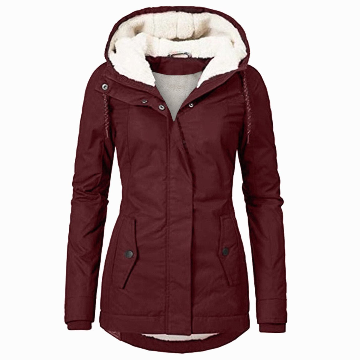 Women's fleece-lined parka by Homixa with drawstring hood, curved hem, and flap pockets, suitable for cold weather.