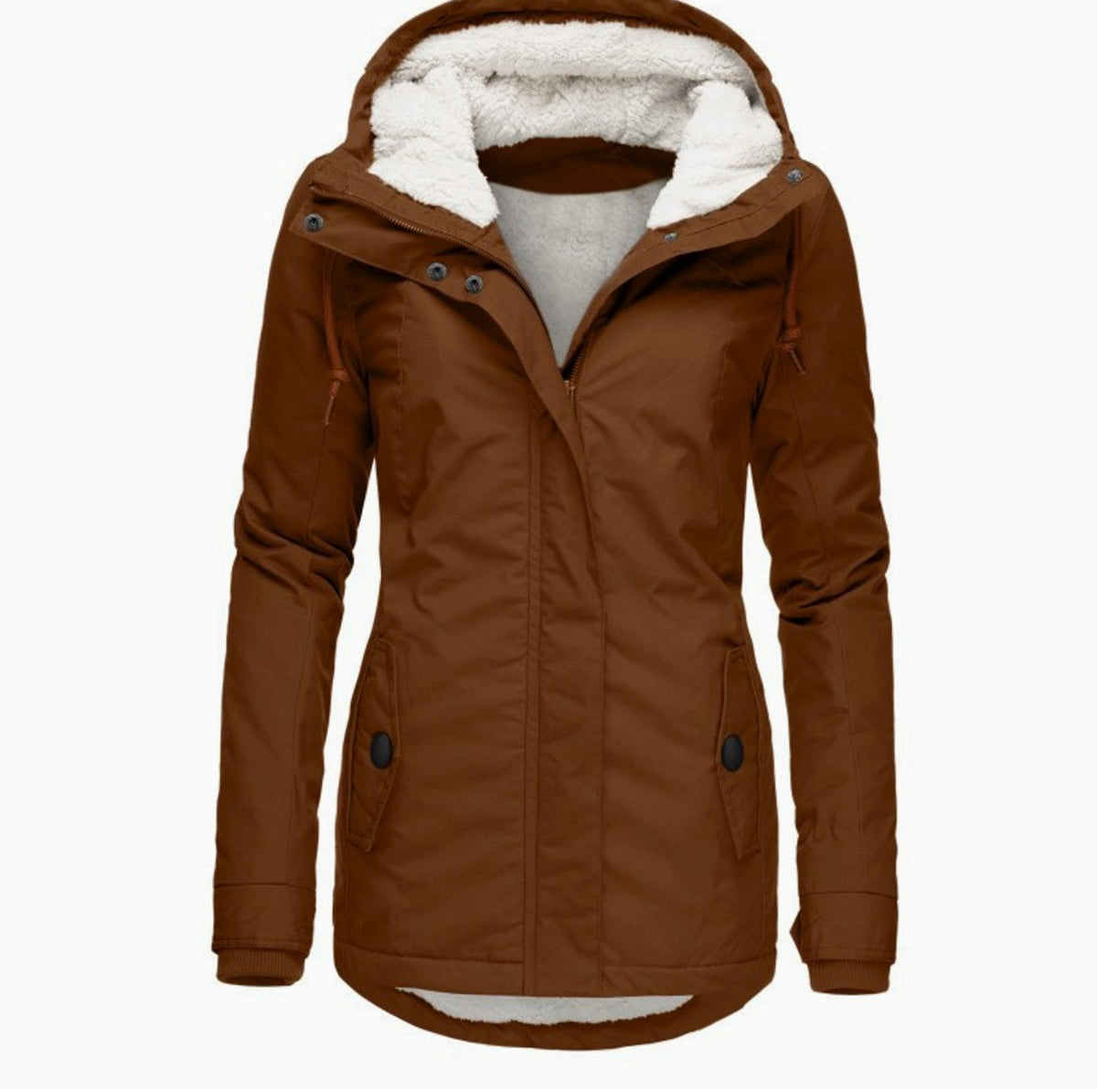 Women's fleece-lined parka by Homixa with drawstring hood, curved hem, and flap pockets, ideal for cold weather.