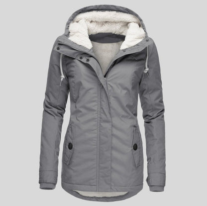 Women’s fleece-lined parka with drawstring hood, curved hem, and flap pockets by Homixa, shown with a cozy, winter-ready design.