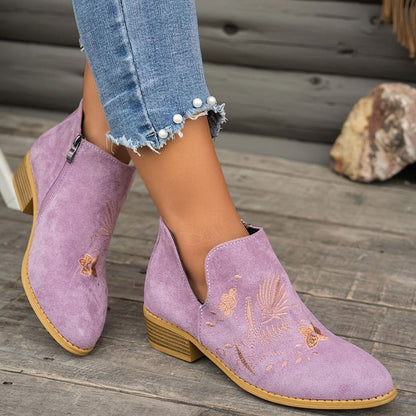 Homixa women's floral-embroidered pointed-toe booties with low block heel and V-cut opening, stylish and comfortable footwear.