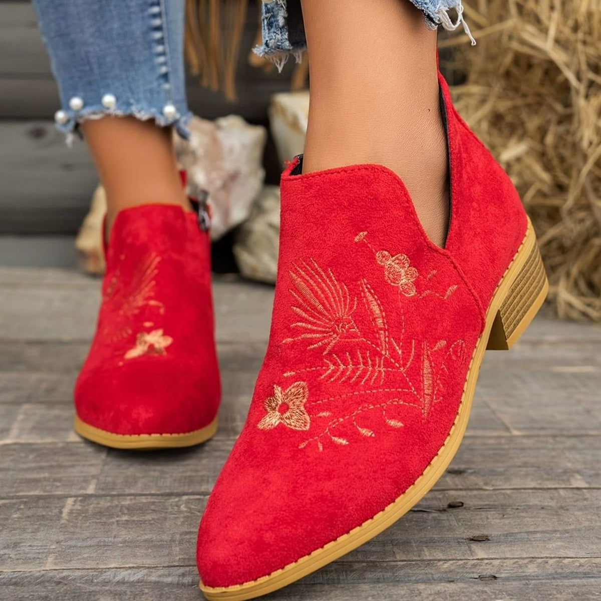 Women's floral-embroidered pointed-toe booties with low block heel, V-cut opening, by Homixa, stylish and comfortable footwear.
