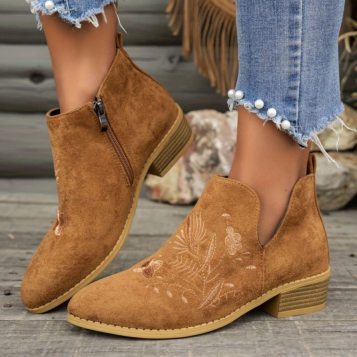Women's floral-embroidered pointed-toe booties with low block heel and V-cut opening by Homixa, stylish and comfortable footwear.