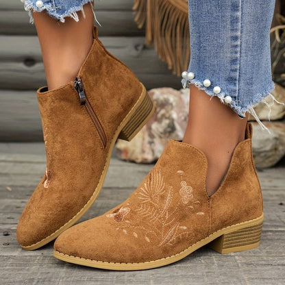 Women's floral-embroidered pointed-toe booties with low block heel and V-cut opening by Homixa, stylish and comfortable footwear.