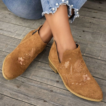 Women's floral-embroidered pointed-toe booties with low block heel and V-cut opening by Homixa.