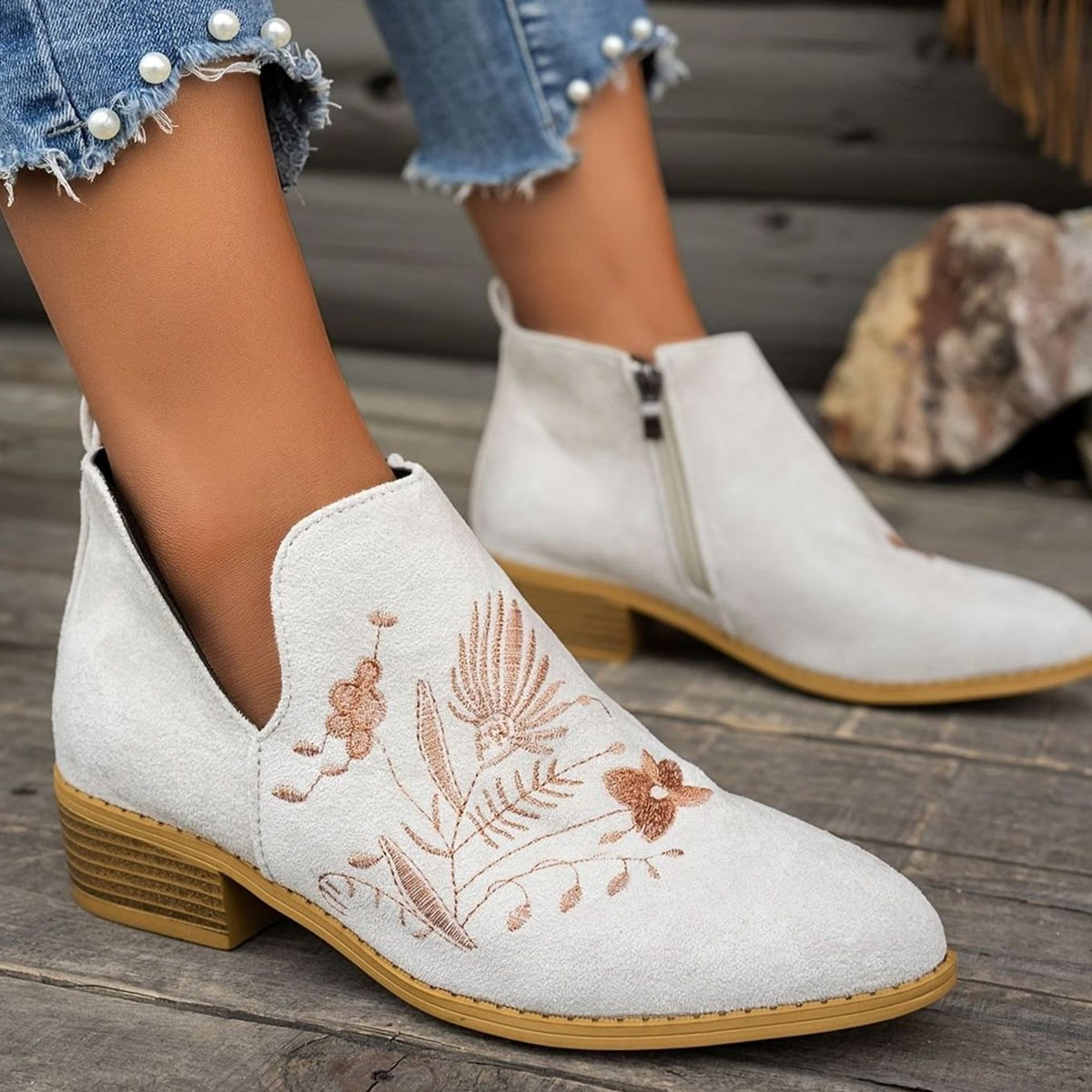 Women's floral-embroidered pointed-toe booties with low block heel, V-cut opening, from Homixa.