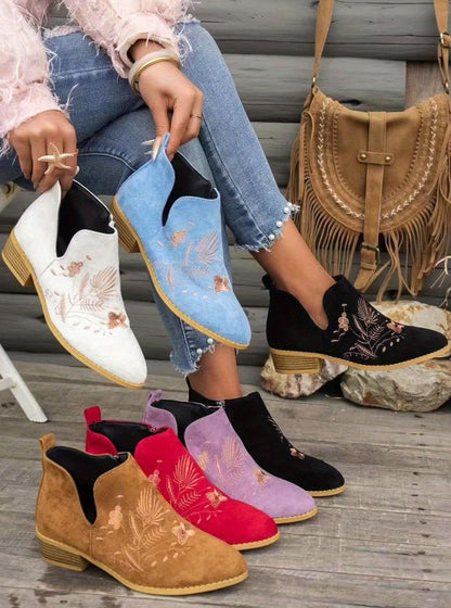 Women's floral-embroidered pointed-toe booties by Homixa with low block heel and V-cut opening, stylish and comfortable.