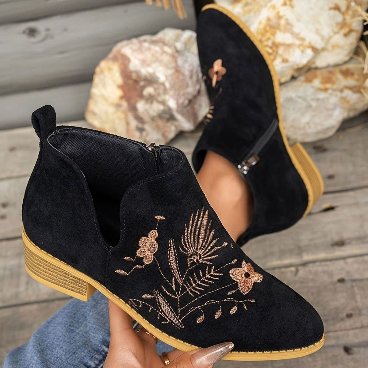 Women's floral-embroidered pointed-toe booties by Homixa with low block heel and V-cut opening, stylish and comfortable footwear.