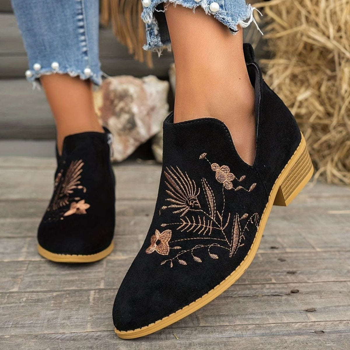 Women's floral-embroidered pointed-toe booties with low block heel and V-cut opening by Homixa, stylish and comfortable for everyday wear.