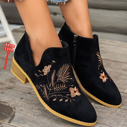 Women's floral-embroidered pointed-toe booties by Homixa with a low block heel and V-cut opening, stylish and comfortable footwear.