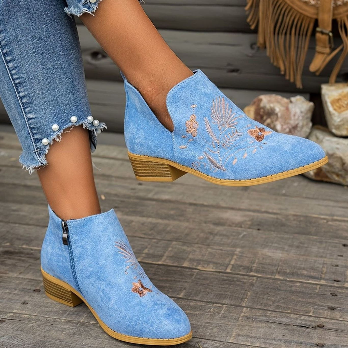 Women's floral-embroidered pointed-toe booties with low block heel, V-cut opening, by Homixa, stylish and comfortable footwear.