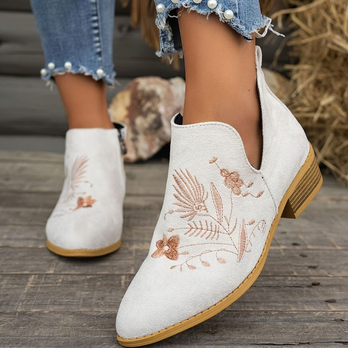 Homixa women's floral-embroidered pointed-toe booties with low block heel and V-cut opening, stylish and comfortable footwear.