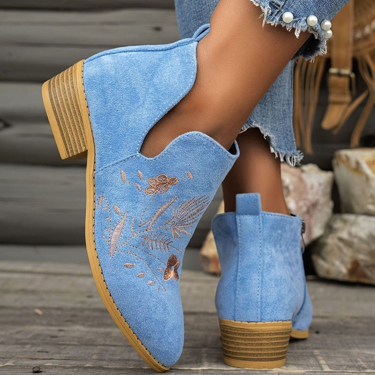 Women's floral-embroidered pointed-toe booties by Homixa with low block heel and V-cut opening, stylish and comfortable footwear.