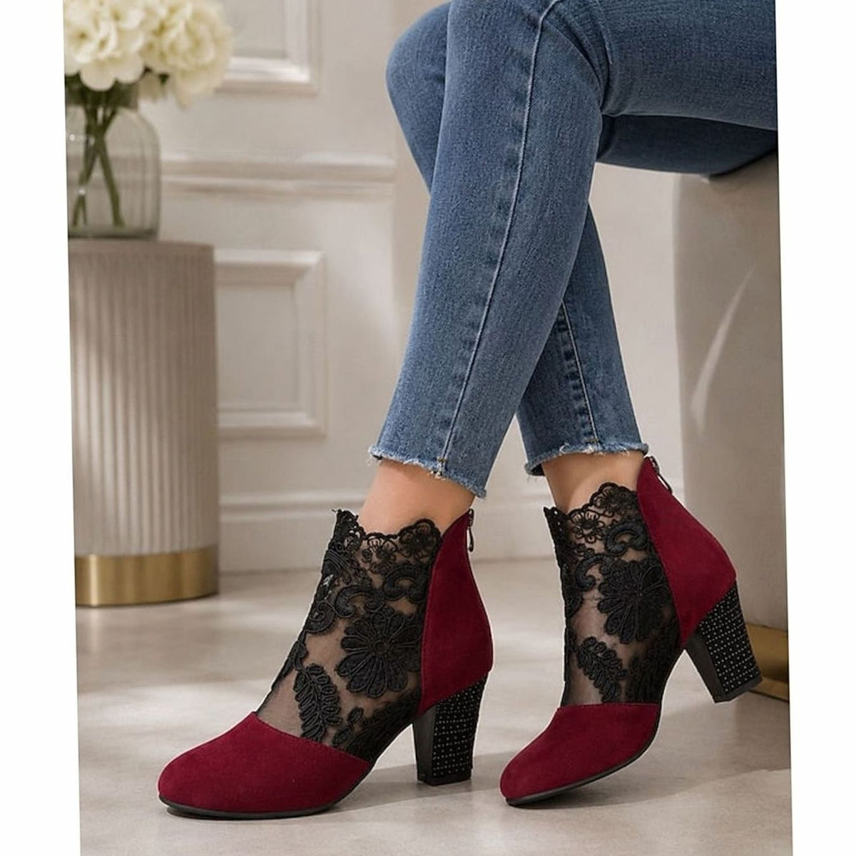 Women's floral lace-accent booties with block heel and back-zip closure by Homixa, showcasing elegant lace detail and stylish design.