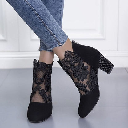Women's floral lace-accent booties with block heel and back-zip closure, featuring elegant lace detail and stylish design by Homixa.