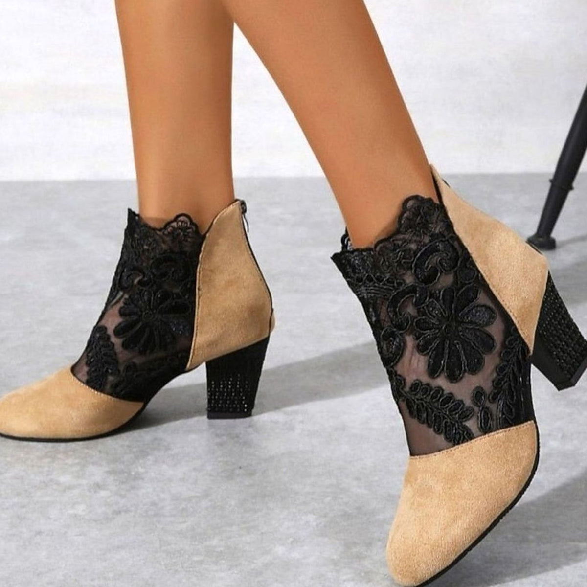 Women's floral lace-accent booties with block heel and back-zip closure, featuring elegant lace detail and stylish design by Homixa.