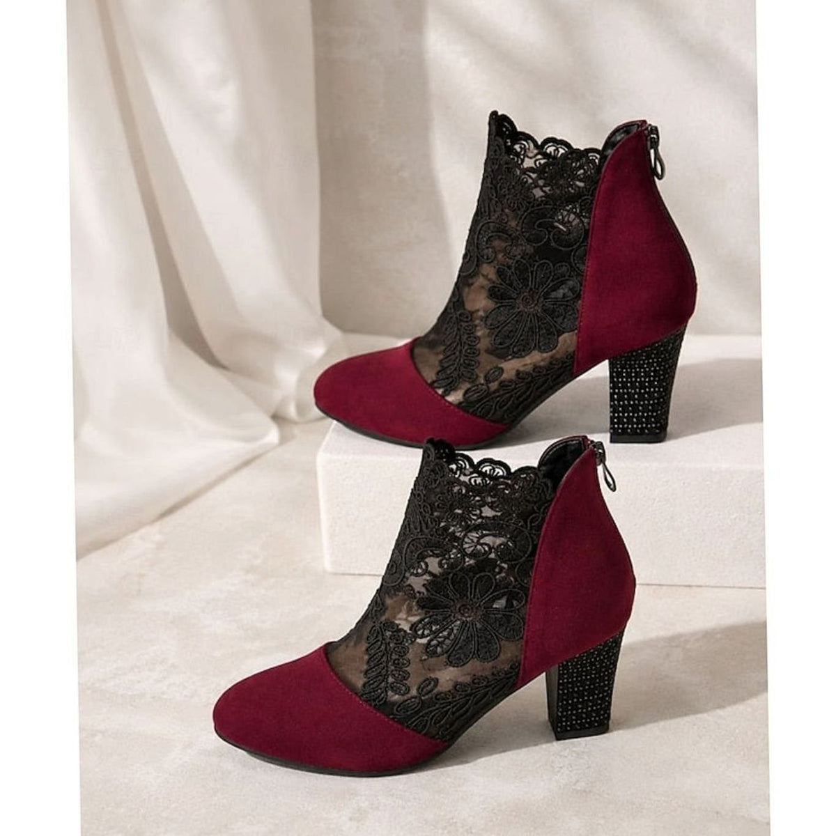 Women's floral lace-accented booties with block heel and back-zip closure, stylish lace detail by Homixa.