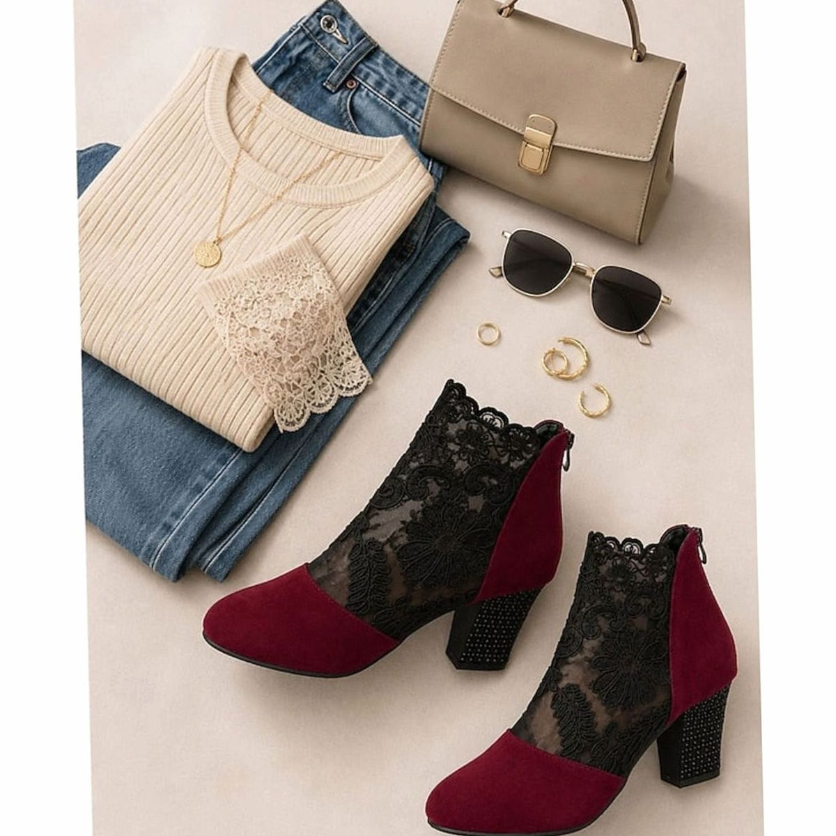 Women’s floral lace-accented booties with block heel and back-zip closure by Homixa, showing the lace details and stylish design.