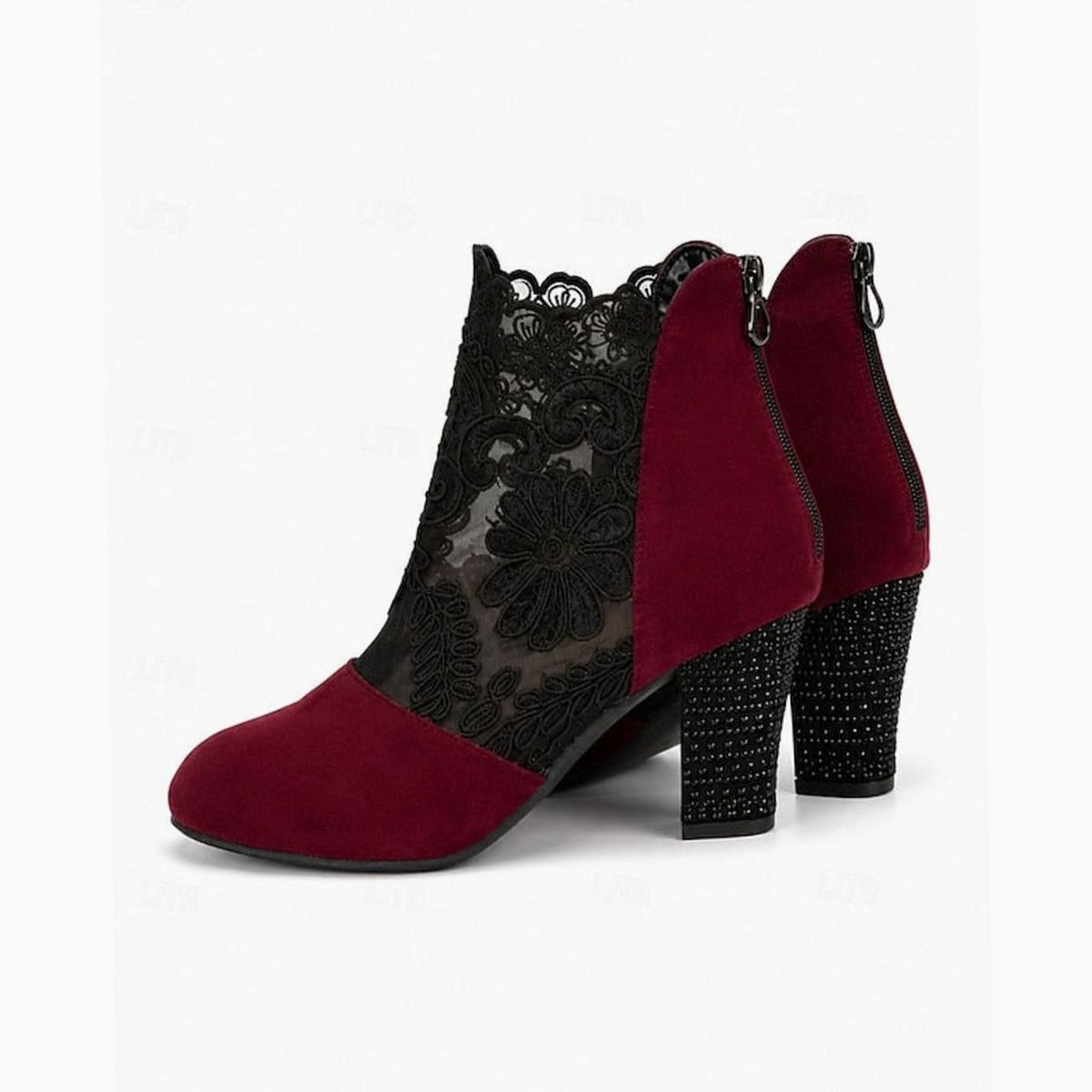 Women's floral lace-accent booties with block heel and back-zip closure by Homixa, showcasing elegant lace detail and stylish design.