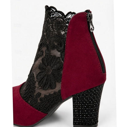 Women's floral lace-accent booties by Homixa with block heel and back-zip closure, featuring delicate lace detail.