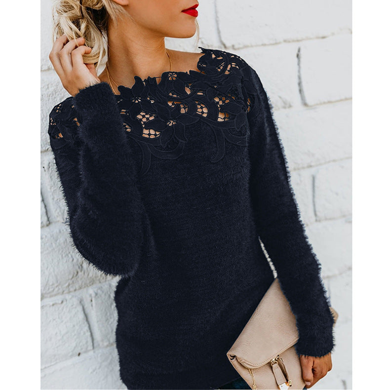 Women's floral-lace collar winter sweater by Homixa featuring a soft draped silhouette and cozy knit fabric.