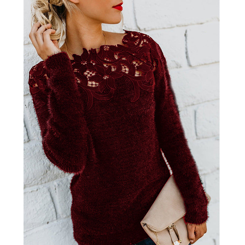 Homixa women's floral lace collar winter sweater with a softly draped silhouette, cozy and stylish for cold weather.
