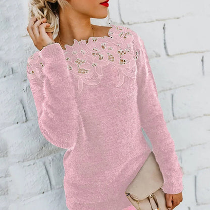 Women's floral-lace collar winter sweater by Homixa with a soft draped silhouette and cozy, stylish design.