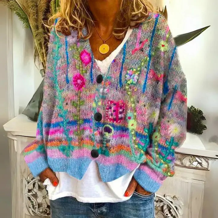 Women's floral-pattern winter cardigan with button-front closure and relaxed fit, by Homixa. Blue and pink floral design.