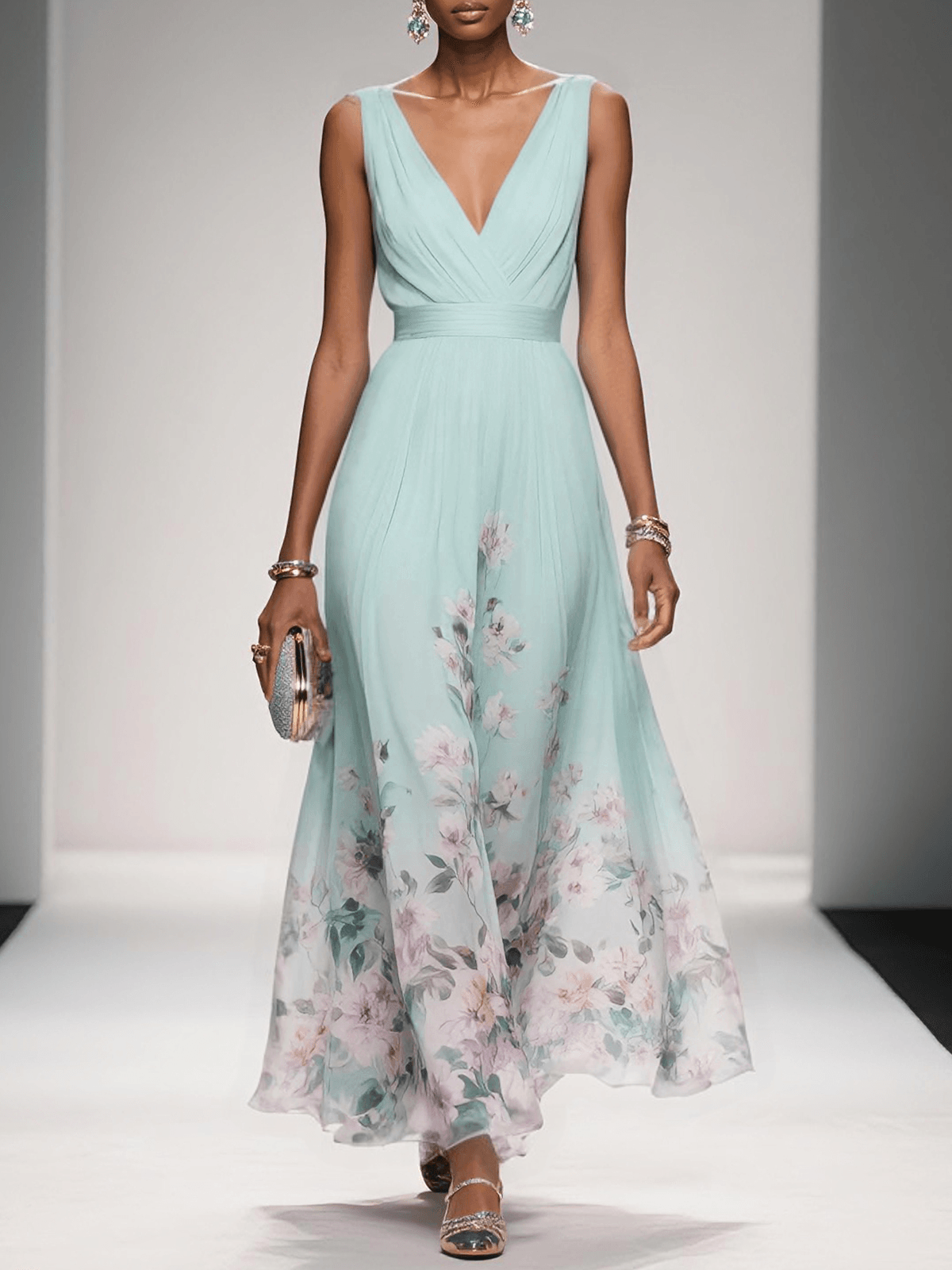 Women's floral summer dress by Homixa featuring a V-neck and flowing silhouette, perfect for wedding guests.