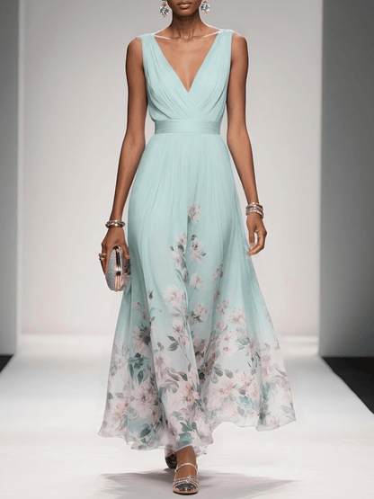 Women's floral summer dress by Homixa featuring a V-neck and flowing silhouette, perfect for wedding guests.