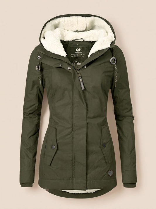 Homixa women's full-zip hooded winter jacket with slim fit and soft fleece lining, shown on a model in a casual outdoor setting.