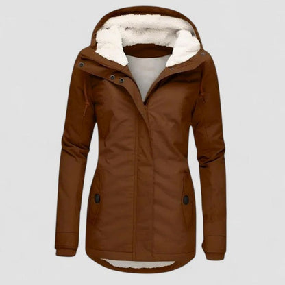Homixa women's full-zip hooded winter jacket with slim fit and soft fleece lining, shown on a model outdoors.
