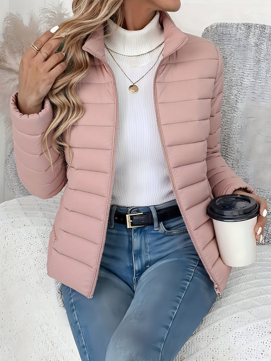 Women's Quilted Winter Jacket by Homixa with full zip, slim fit, and stand collar, shown in a cozy, stylish design.