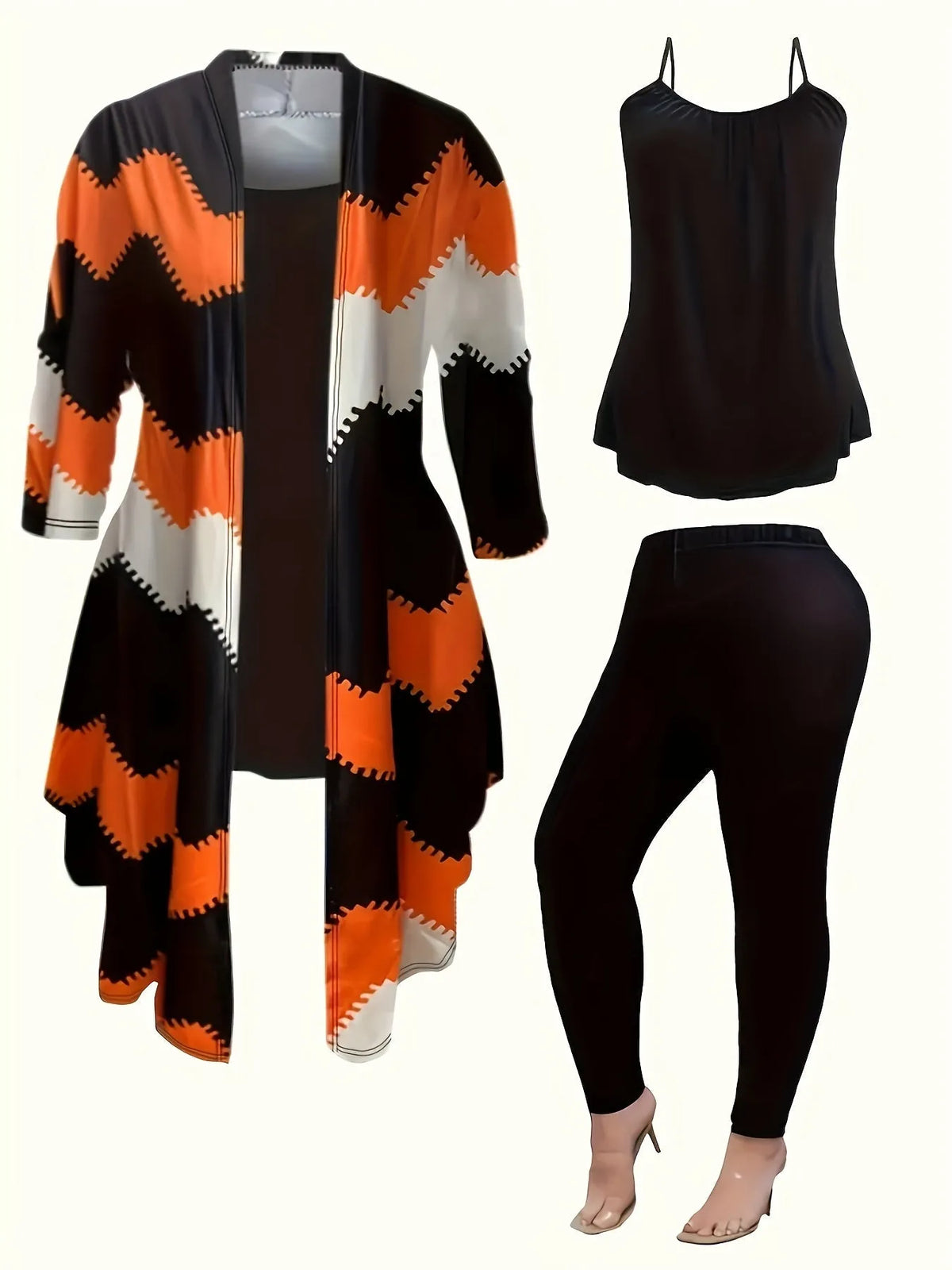 Women’s geometric knit matching outfit set by Homixa with a long cardigan, cami top, and pants, styled together in a coordinated look.