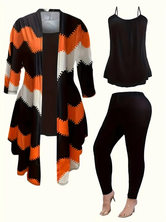 Women’s geometric knit matching outfit set by Homixa with a long cardigan, cami top, and pants, styled together in a coordinated look.