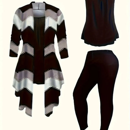 Women's geometric knit matching set by Homixa with long cardigan, cami top, and pants, styled together for a cozy, fashionable look.