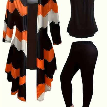 Women's geometric knit matching outfit set with long cardigan, cami top, and pants by Homixa, styled on a model.