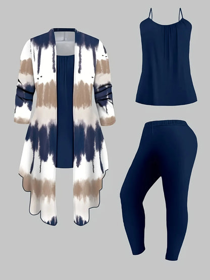 Women's geometric knit matching outfit from Homixa featuring a long cardigan, cami top, and pants in a stylish design.