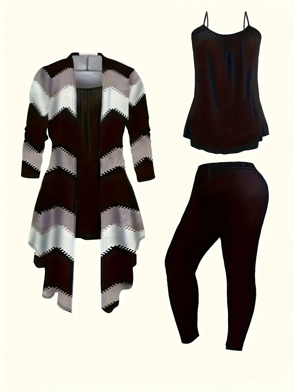 Women's geometric knit matching set by Homixa featuring a long cardigan, cami top, and pants, styled together for a coordinated look.