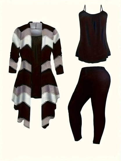 Women's geometric knit matching set by Homixa featuring a long cardigan, cami top, and pants, styled together for a coordinated look.
