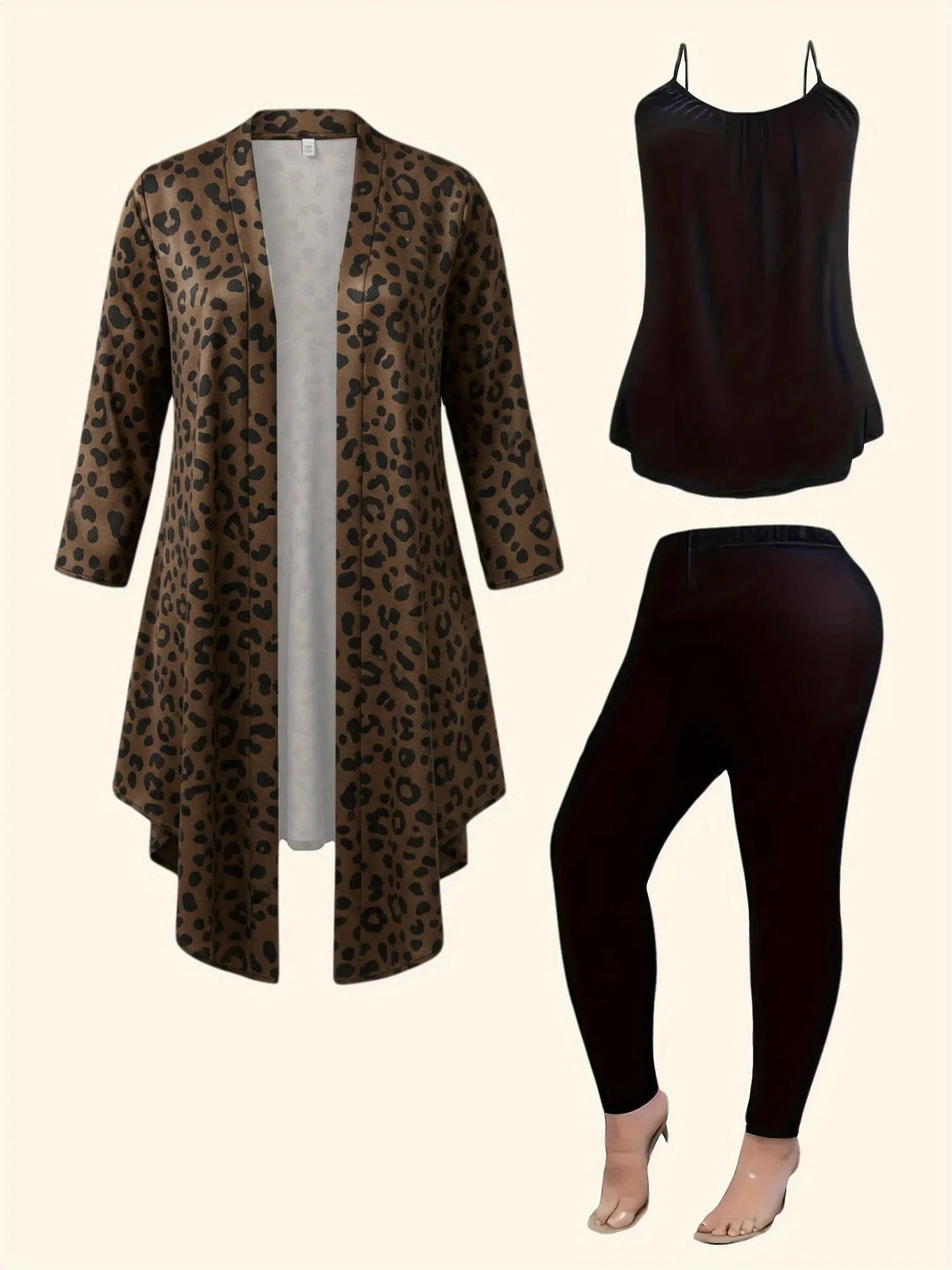 Women's geometric knit matching outfit with long cardigan, cami top, and pants by Homixa, styled on a model.