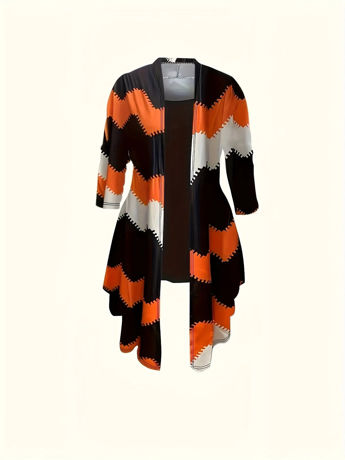 Women's geometric knit matching outfit set by Homixa featuring a long cardigan, cami top, and pants on a model.