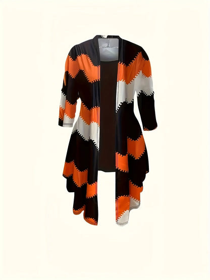 Women's geometric knit matching outfit set by Homixa featuring a long cardigan, cami top, and pants on a model.