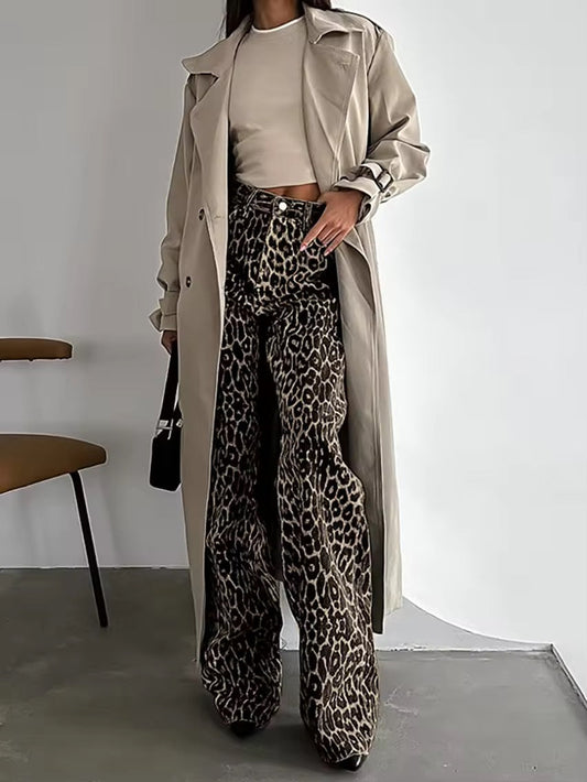 Women's high-waist leopard-print wide-leg jeans by Homixa, relaxed fit, flattering style, stylish women's trousers denim.