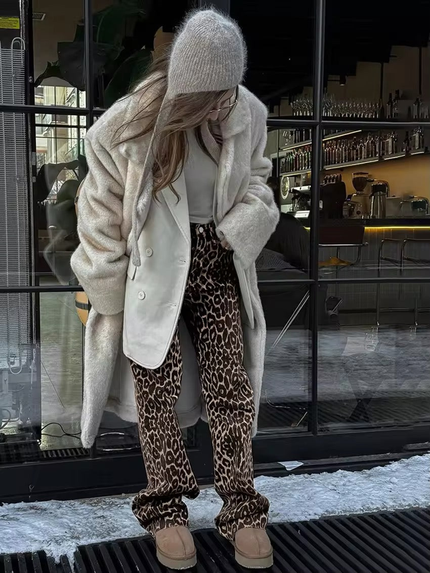 Women's high-waist leopard-print wide-leg jeans by Homixa, relaxed fit, stylish and flattering for casual wear.